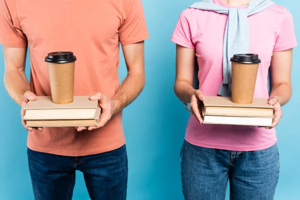 Cropped View Students Holding Books Coffee Blue — Stock Photo, Image