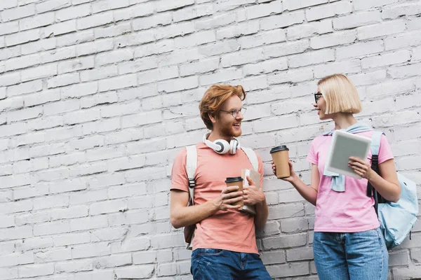 Young Students Glasses Holding Coffee Looking Each Other While Standing — Stock Photo, Image