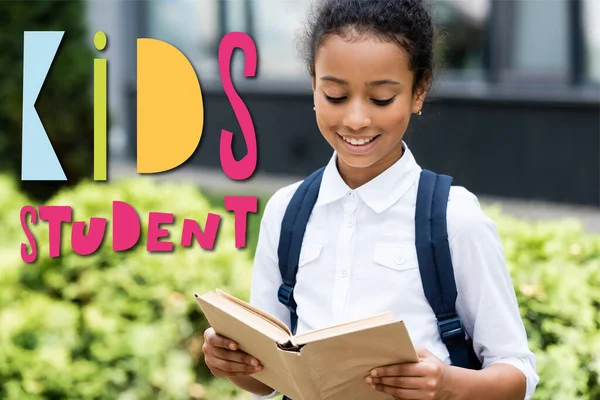 African American School Girl Reading Book Kids Student Lettering Outdoors — Stok Foto