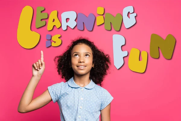 Curly African American Kid Pointing Finger Looking Learning Fun Lettering — Stock Photo, Image