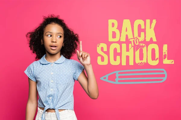 Curly African American Kid Showing Idea Gesture Back School Lettering — Stock Photo, Image