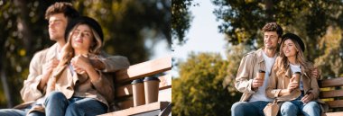 Şapkalı sarışın kadın kolajı ve bankta otururken elinde kağıt bardaklar tutan trençkotlu adam.