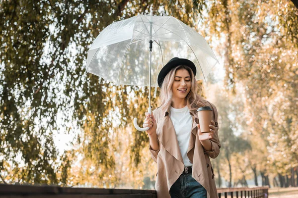 Blonde Woman Hat Holding Umbrella Looking Paper Cup Coffee Autumnal — Stock Photo, Image