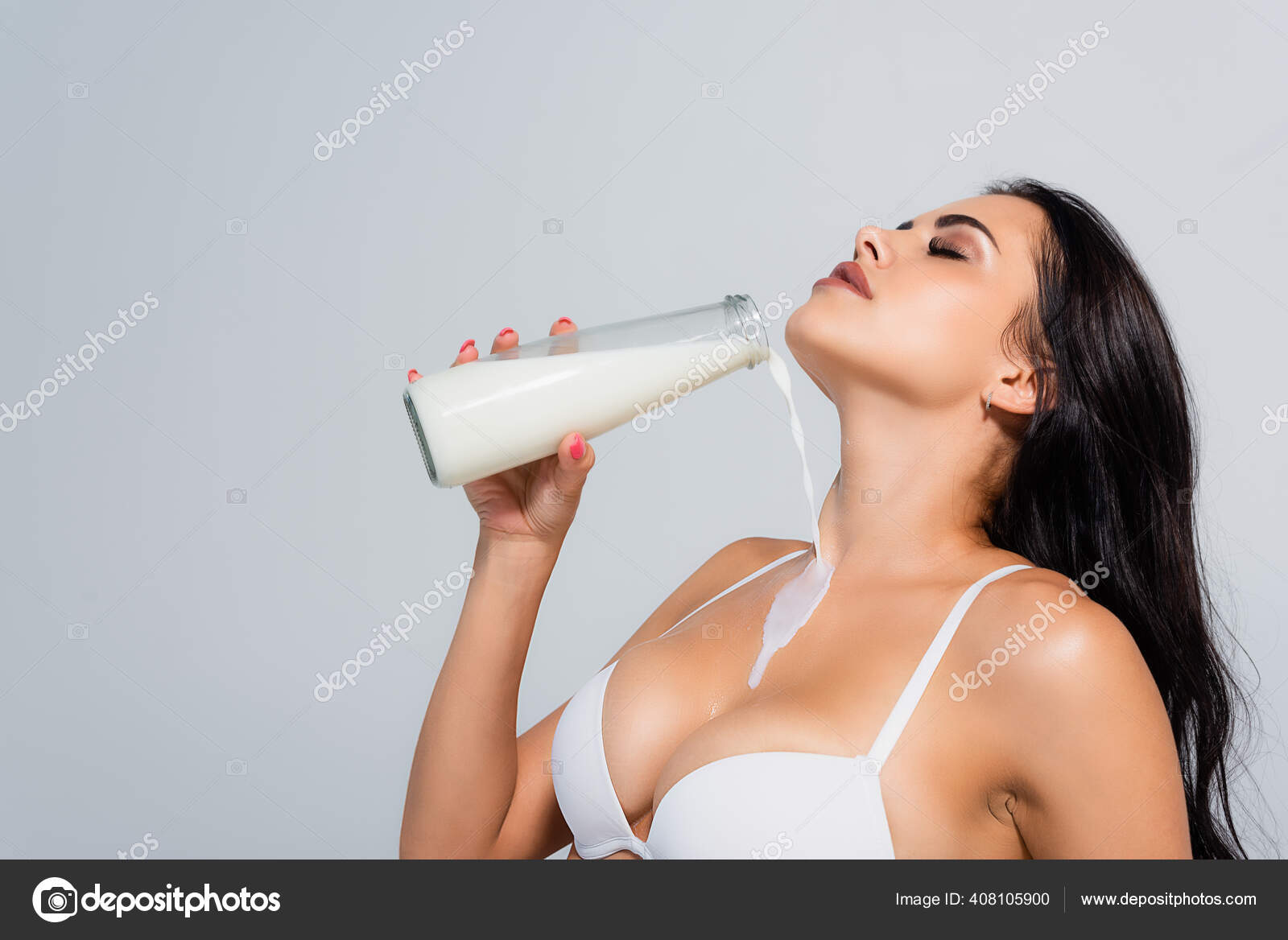 Sexy Woman Bra Holding Bottle Pouring Milk Body Isolated Grey