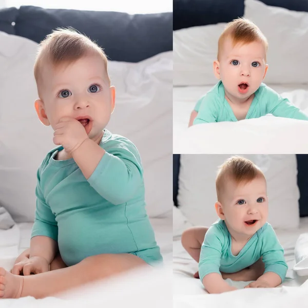 Collage Van Baby Jongen Zitten Met Hand Mond Kruipen Bed — Stockfoto