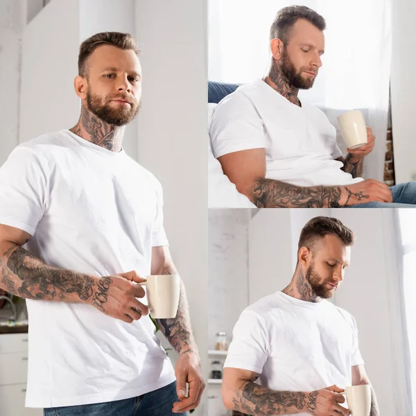 Collage Hombre Tatuado Pensativo Camiseta Blanca Sosteniendo Taza Mirando Cámara —  Fotos de Stock
