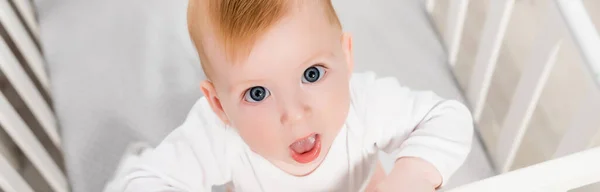 Panoramic Shot Infant Boy Looking Camera While Standing Crib — Stock Photo, Image