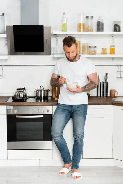 Young Man White Shirt Jeans Holing Bowl Breakfast While Standing — Stock Photo, Image