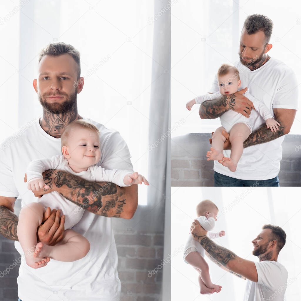 collage of young tattooed man in white t-shirt holding infant son in baby romper at home