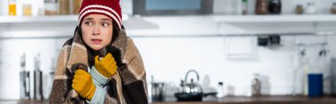Sıcak şapkalı ve eldivenli soğuk bir kadının yatay görüntüsü, mutfakta ekoseli battaniyeyle kaplanmış.