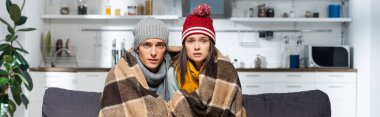 panoramic crop of freezing couple, wearing warm hats, looking at camera while sitting in cold kitchen under plaid blanket clipart