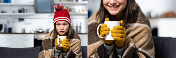 collage of young woman, wrapped in warm plaid blanket, holding cup of warming drink in cold kitchen, horizontal crop