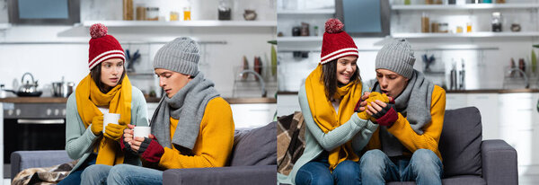 collage of man warming hands of freezing girlfriend, and couple in warm hats and scarfs holding warm tea in kitchen, horizontal crop