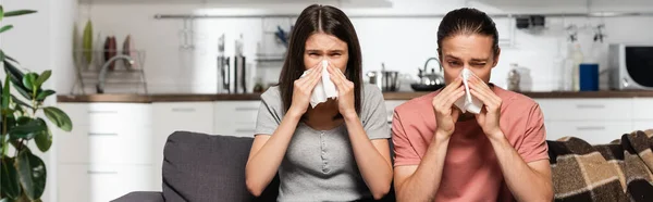 Panoramic Shot Diseased Couple Sneezing Paper Napkins Kitchen — Stock Photo, Image