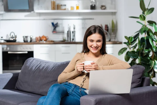 Excited Freelancer Looking Laptop While Sitting Sofa Kitchen Cup Warm — Stock Photo, Image