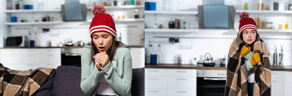 collage of cold woman in knitted hat wrapping in plaid blanket and blowing on clenched hands in kitchen, panoramic orientation