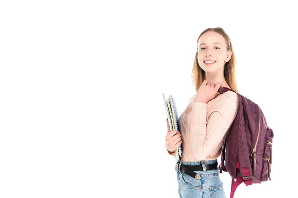 Lächelnder Teenager Mit Notizbüchern Und Rucksack Auf Weißem Grund — Stockfoto