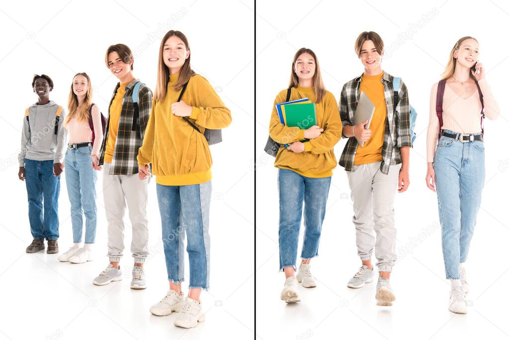 Collage of smiling multiethnic teenagers holding hands and notebooks on white background