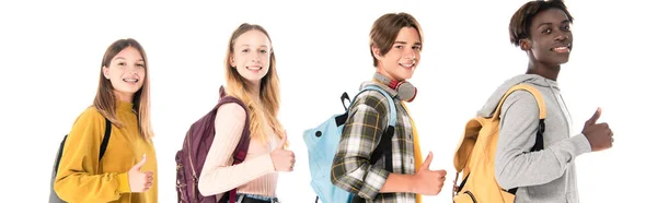 Foto Panorámica Adolescentes Sonrientes Multiculturales Mostrando Como Gesto Aislado Blanco — Foto de Stock