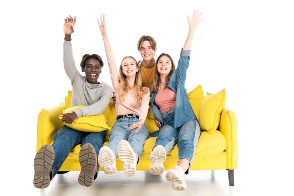 Positive Multiethnic Teenagers Waving Hands Camera While Sitting Couch White — Stock Photo, Image