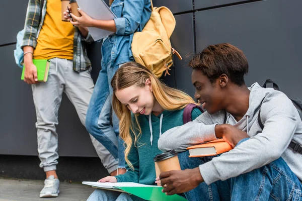 Selective Focus Smiling African American Teenager Coffee Book Sitting Friend — Stock Photo, Image