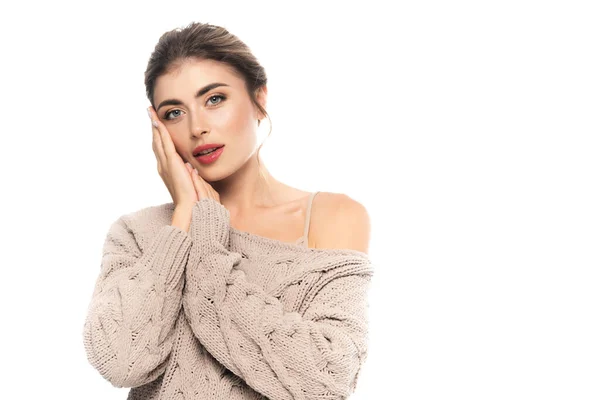 Sensual Woman Stylish Knitted Sweater Posing Hands Face Isolated White — Stock Photo, Image