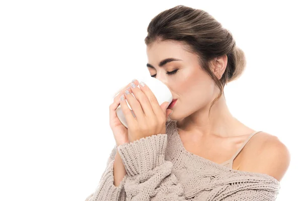 Stylish Woman Knitted Sweater Drinking Tea Closed Eyes Isolated White — Stock Photo, Image