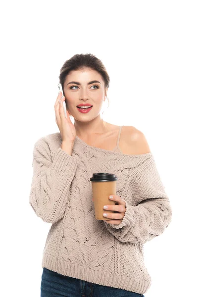 Trendy Woman Openwork Sweater Holding Coffee Talking Smartphone Isolated White — Stock Photo, Image