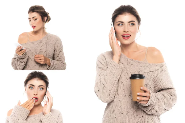Collage Stylish Emotional Woman Knitted Sweater Using Mobile Phone Holding — Stock Photo, Image