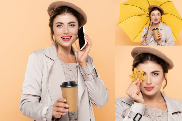 collage of woman in autumn outfit talking on smartphone, covering eye with leaf, holding coffee to go under umbrella on peach