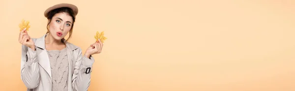 桃に孤立した黄色の葉を持つ流行の秋の衣装で興奮した女性のウェブサイトのヘッダー — ストック写真