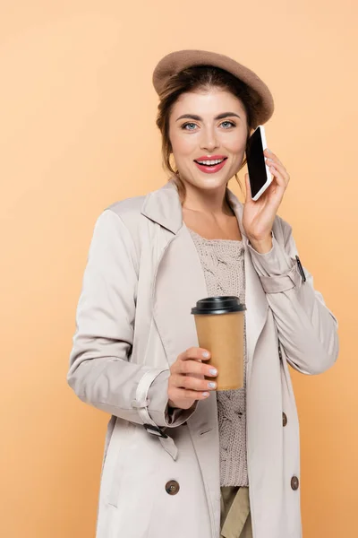 Stylish Woman Autumn Outfit Holding Coffee While Talking Smartphone Isolated — Stock Photo, Image