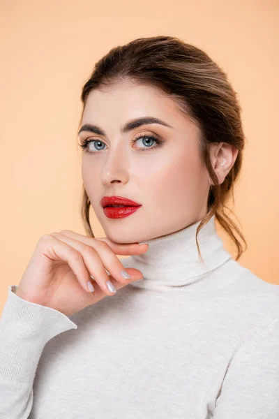 Stylish Woman Turtleneck Holding Hand Chin While Looking Camera Isolated — Stock Photo, Image