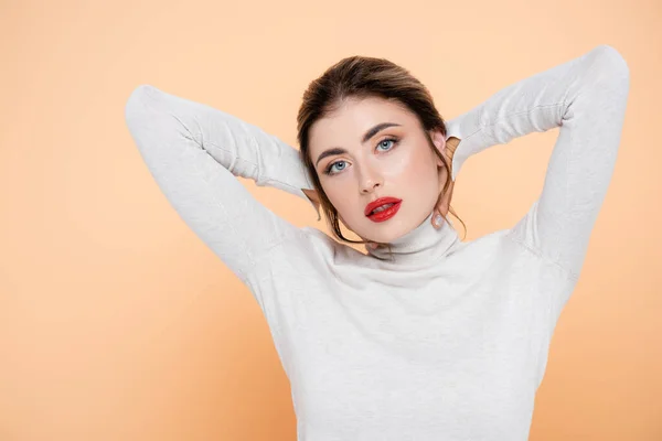 Sensual Woman Turtleneck Looking Camera While Holding Hands Head Isolated — Stock Photo, Image