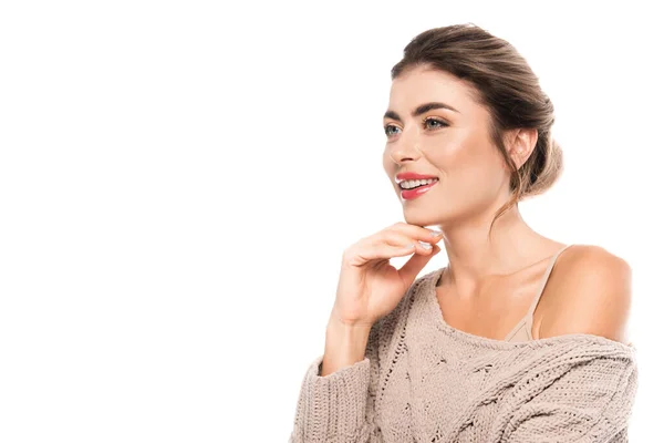 Stylish Woman Trendy Sweater Holding Hand Chin While Looking Away — Stock Photo, Image