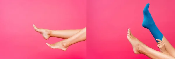 Collage Van Blootsvoets Benen Met Blauwe Sok Geïsoleerd Roze Banner — Stockfoto