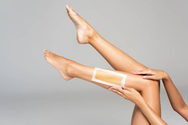 Cropped view of female legs in air applying wax stripe on grey  clipart