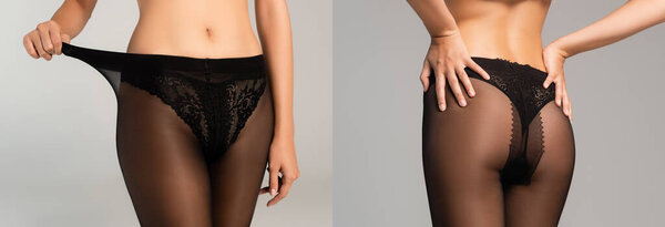 Коллаж женщины растягивая эластичные колготки, стоя с руками на нижней части спины изолированы на сером, баннер