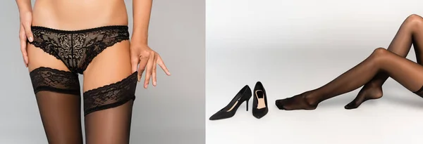 Κολάζ Σέξι Γυναίκας Μαύρες Κάλτσες Ξαπλωμένη Κοντά Παπούτσια Φορώντας Δαντελωτά — Φωτογραφία Αρχείου