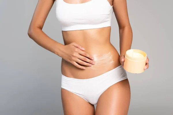 Cropped View Woman White Underwear Holding Jar Applying Cream Belly — Stock Photo, Image