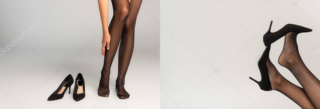 Collage of woman standing and touching leg, wearing black tights and shoes with heels on grey, banner