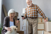 starší pár drží sklenice vína a při pohledu na psa v novém domě