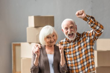 excited senior couple with fists up showing hooray sign, moving concept clipart