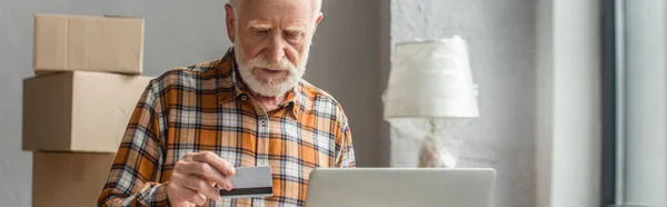 Panoramic Shot Senior Man Making Online Purchase Credit Card Laptop — Stock Photo, Image