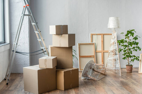 cardboard boxes, frames, ladder, lamp and plant in empty room, moving concept