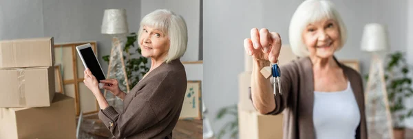 Κολάζ Της Ηλικιωμένης Γυναίκας Κρατώντας Ψηφιακό Δισκίο Λευκή Οθόνη Και — Φωτογραφία Αρχείου