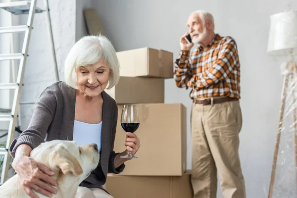 Senior Woman Cuddling Dog Holding Glass Wine While Man Talking — Stock Photo, Image