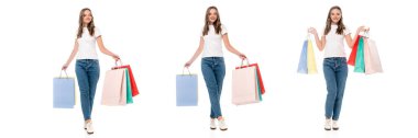 collage of joyful young woman holding shopping bags isolated on white clipart