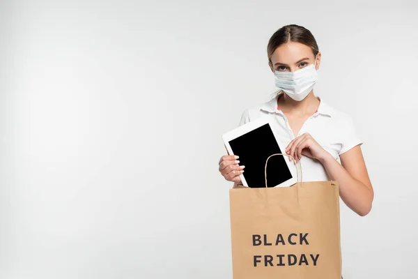 Young Woman Medical Mask Putting Digital Tablet Blank Screen Shopping — Stock Photo, Image