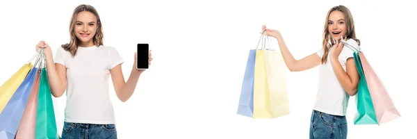 Collage Pleased Young Woman Holding Shopping Bags Smartphone Blank Screen — Stock Photo, Image